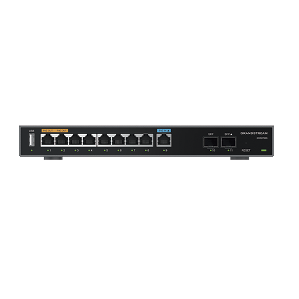 GRANDSTREAM Router Gigabit VPN / Balanceador de cargas  60,000 sesiones NAT / 9 puertos 10/100/1000 Mbps + 2 puertos SFP (WAN/LAN) / 1 puerto entrada PoE(af/at) / 2 puertos salida PoE (af/at) / Compatible con GWN Cloud GRATUITO