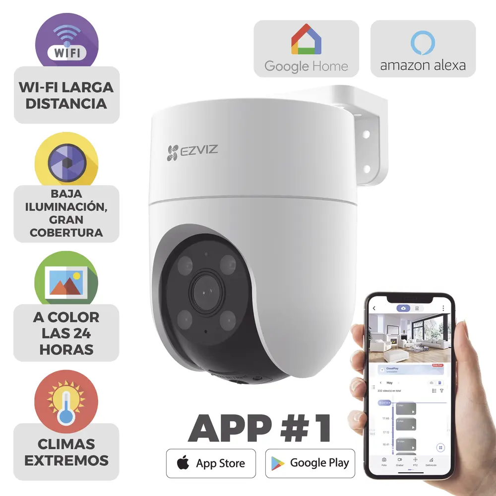 Camara PT WiFi  2 Megapixel Cobertura 360 Detección humana  Seguimiento Inteligente  Sirena  Luz Parpadeante Colores en Oscuridad  Micro SD  Audio de Dos Vías  Exterior Con Protección