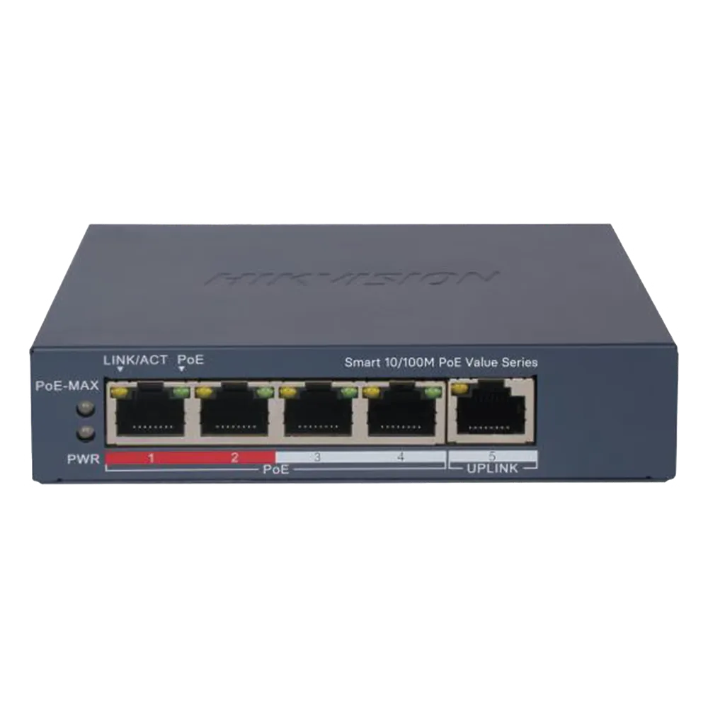 Switch PoE+  Monitoreable  4 Puertos 10/100 Mbps PoE+  1 Puerto 10/100 Mbps Uplink  Configuración Nube Hik-PartnerPro  Modo Extendido hasta 300 Metros, 45 Wts