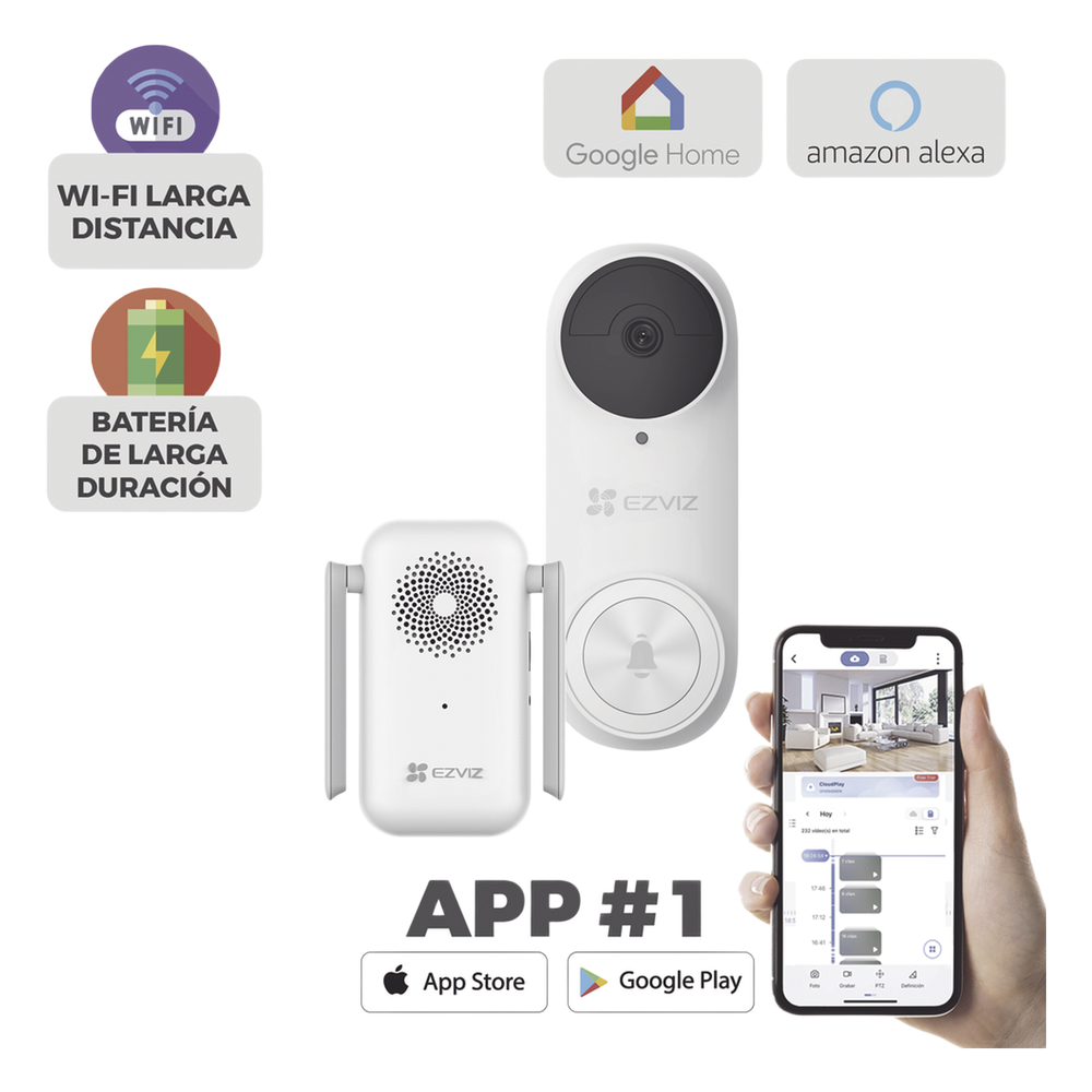 Timbre Inteligente WiFi con Camara (Video Doorbell) - Bateria Recargable, Sin Cables